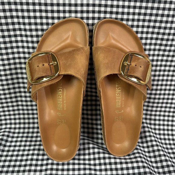 Birkenstock Brown Sandals with Gold Buckle - Picture 1 of 4